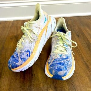 Hoka Mens White and blue Athletic Running Shoes Hoke One One Clifton 8 Size 9.5